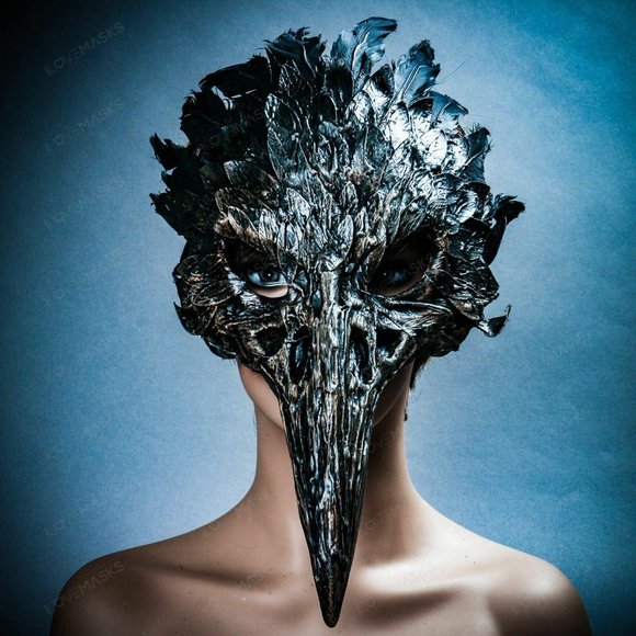 Brown Raven Skull Long Nose w/ Feather Party Mask - Picture 5 of 10